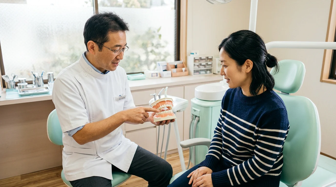 歯科医師が診療室で患者に歯の状態を説明している様子